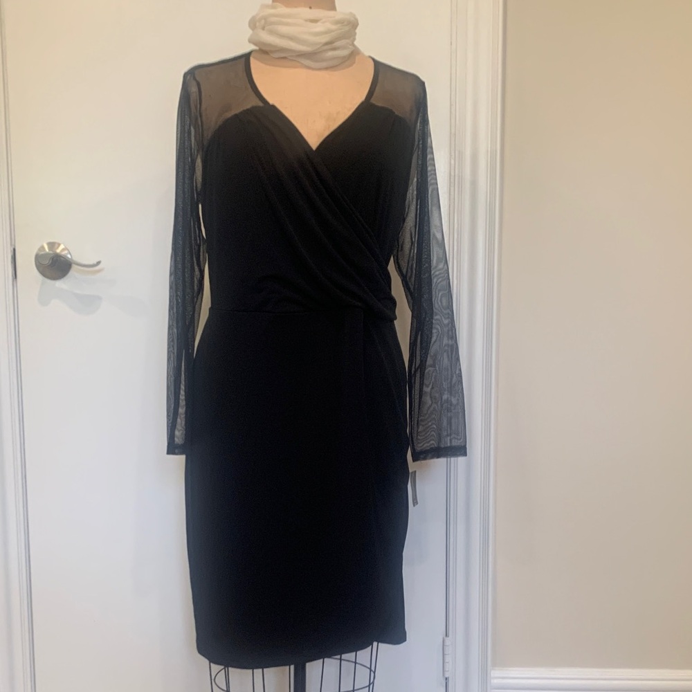 INC International Concepts Black Long Sleeve wrap Dress with mesh yoke
